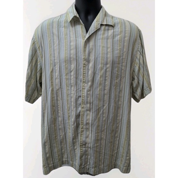 Tommy Bahama Shirt Mens Size Large‎ Silk Green Textured Striped Short Sleeve - Picture 3 of 7
